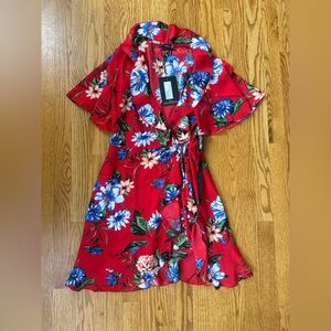 PrettyLittleThing Red Wrap Sundress with Flutter Sleeves
